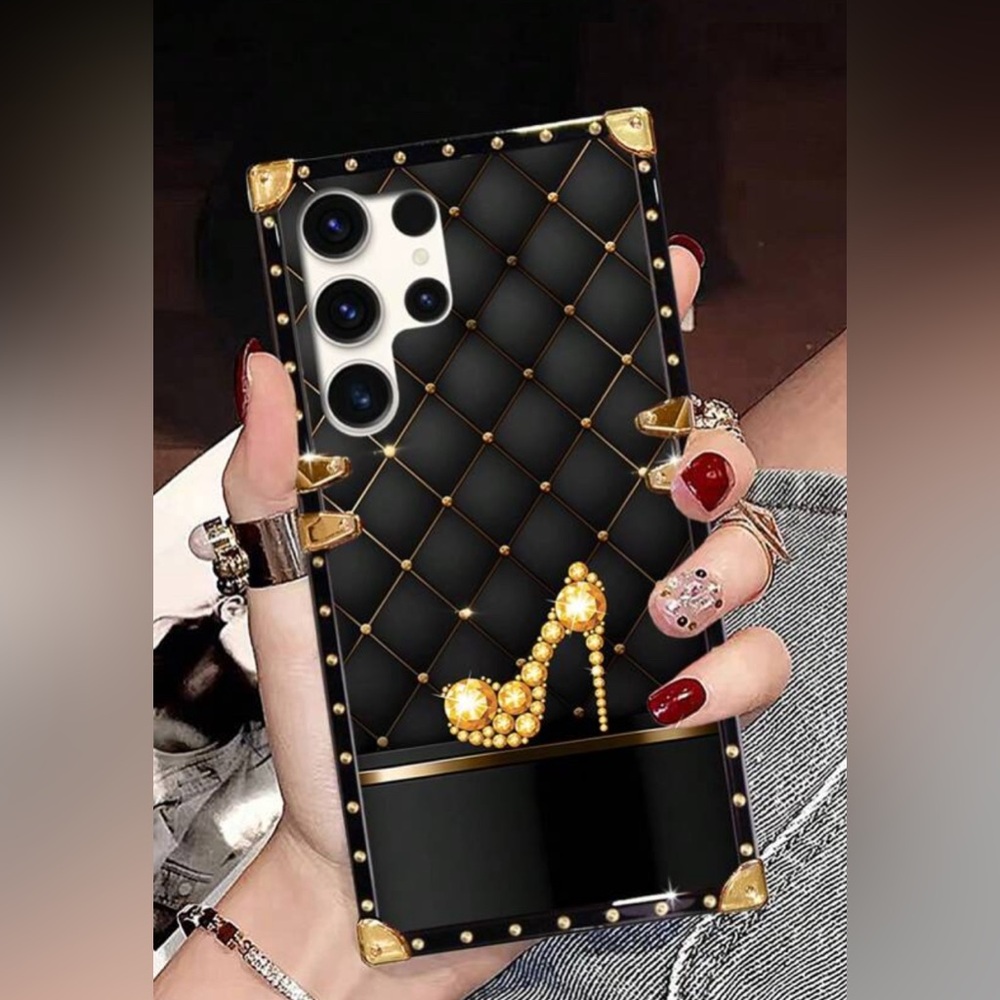 Black and Gold Phone Case with Heel Design